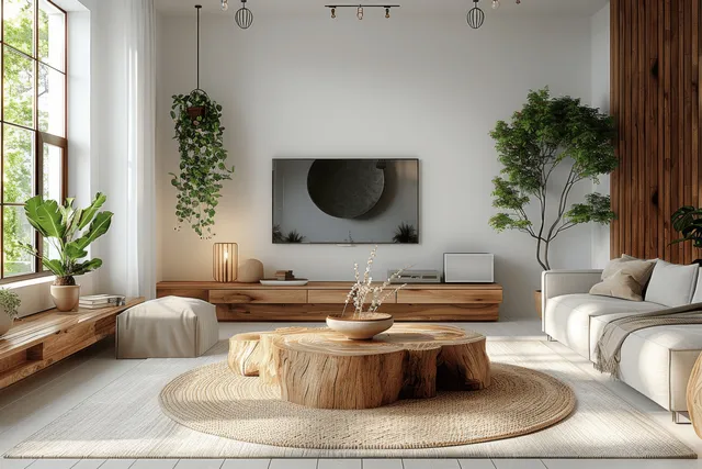 Minimal living room with white walls, wooden TV console, stump coffee table, and soft sofa near a large window.