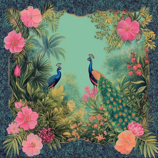 Pair of peacocks in tropical floral Art Nouveau border with ornate leafy frame