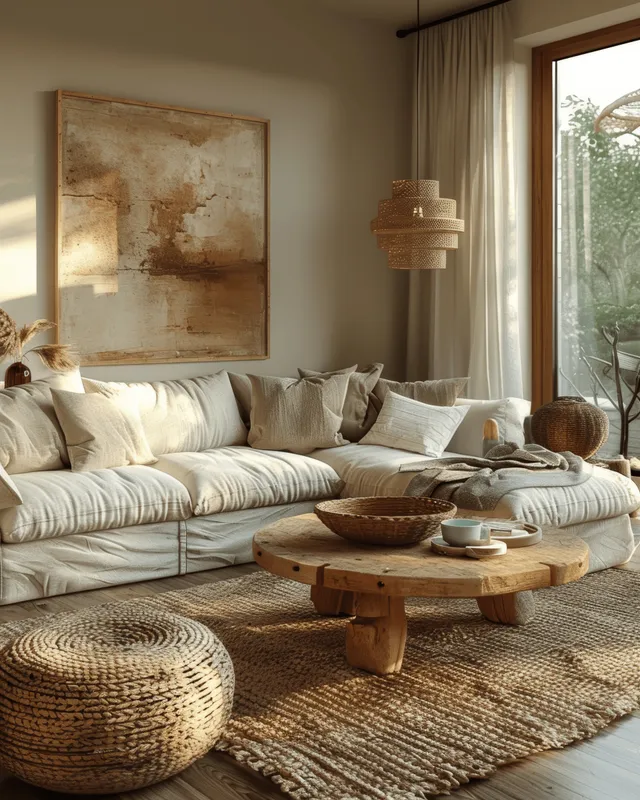 Cozy modern living room with beige walls, large sofa, round coffee table, warm light