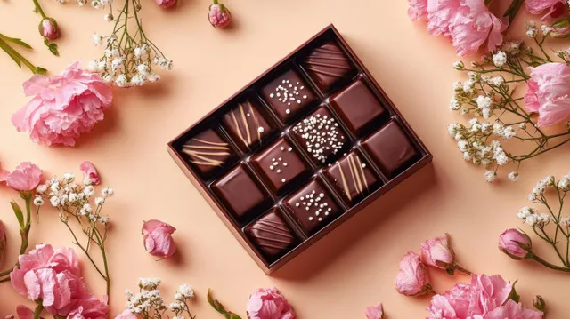 Assorted chocolates in an open box on a peach background surrounded by pink roses and white baby's breath.