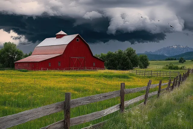 Red barn and wooden fence along a green field under dark storm clouds with distant mountains.