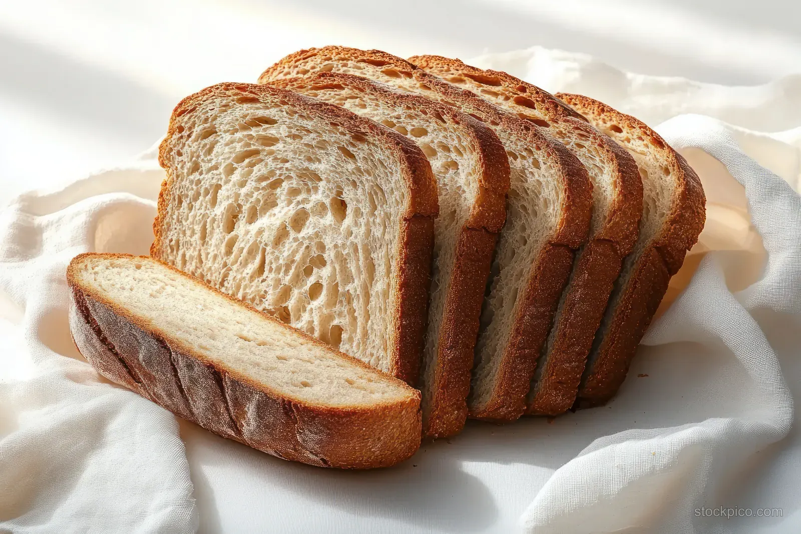 Sliced whole grain loaf sits on white fabric with crisp crust and detailed crumb texture.