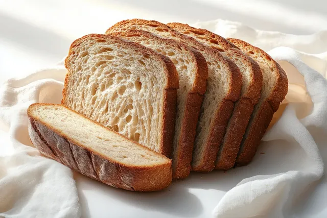 Sliced whole grain bread arranged on white cloth with visible crumb texture