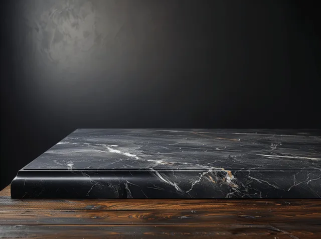 Black marble tabletop with white veins sits on a wooden base under a dark studio background.