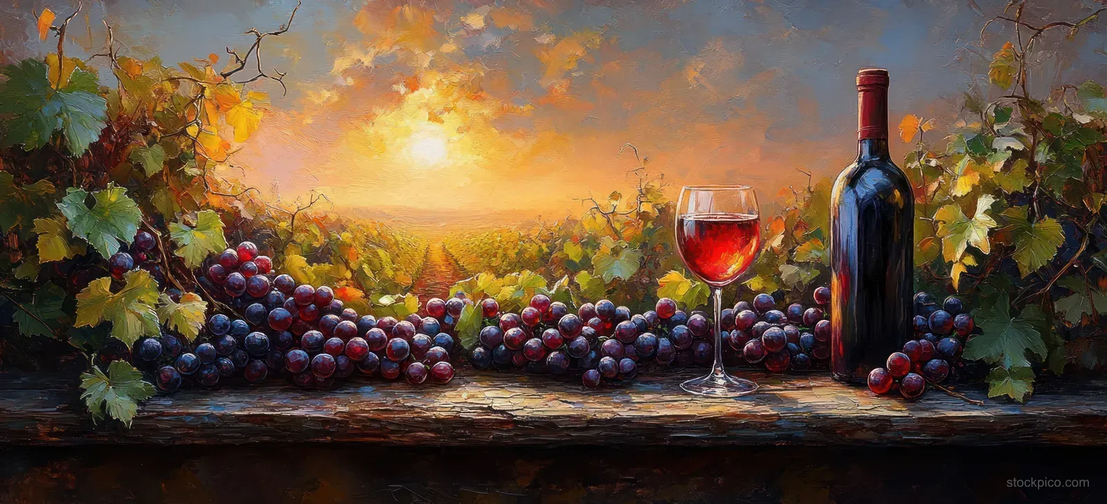 Wine bottle and glass on a rustic table with grapes in a sunset vineyard.