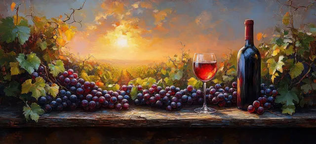 Wine Bottle and Glasses on Rustic Table in Sunset Vineyard
