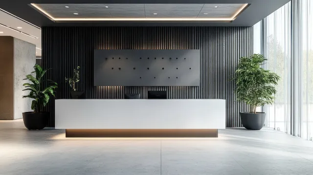 Minimalist reception desk facing a vertical black panel wall with potted plants and natural light from floor-to-ceiling curtains.