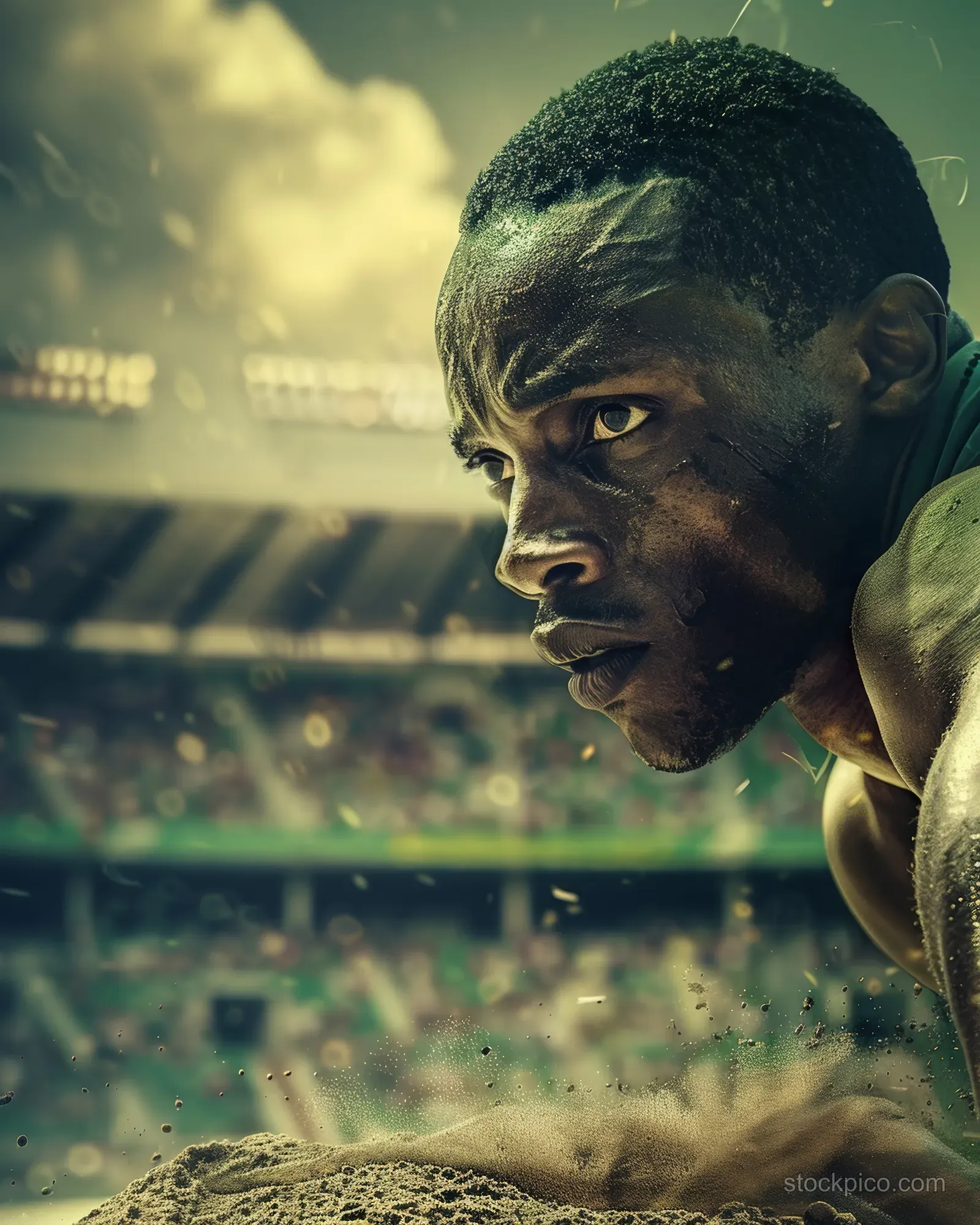 South African long jumper lands in the sand pit while stadium lights and dust fill the background.
