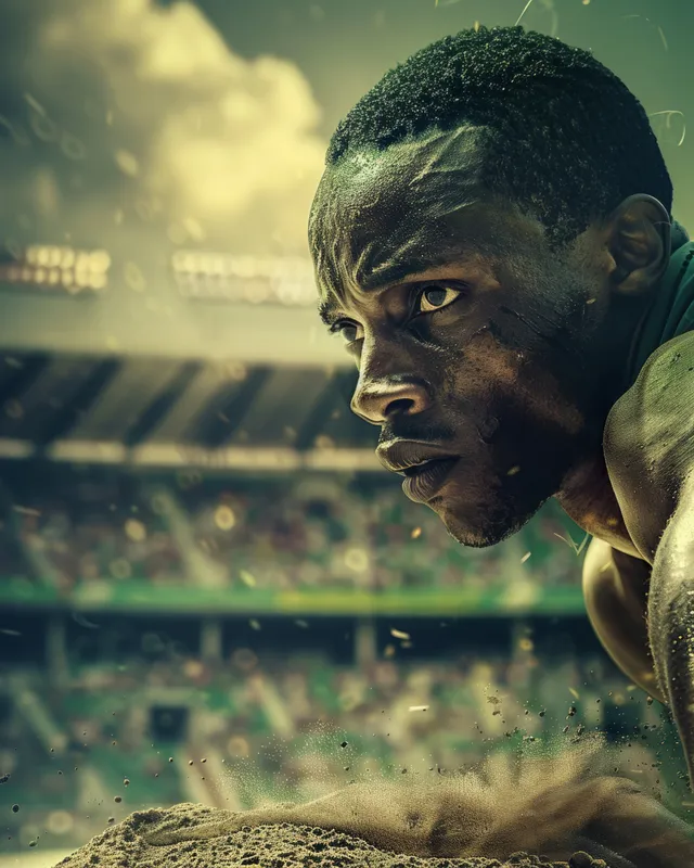 South African long jumper crouches over the sand pit during a fierce stadium competition