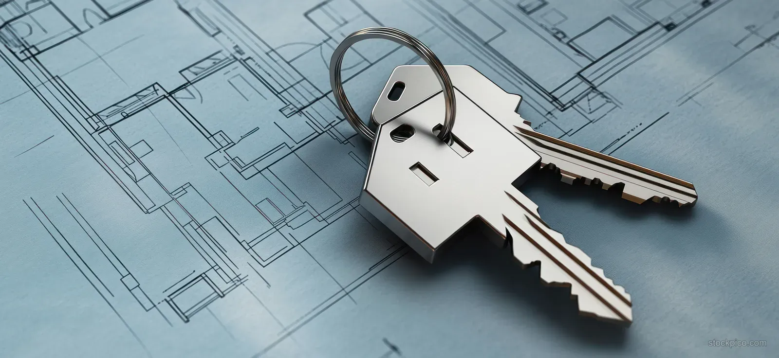 A key fob and house keys lie on architectural blueprint plans with drawn building layouts in the background.
