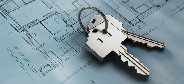 A key fob and house keys lie on architectural blueprint plans with drawn building layouts in the background.