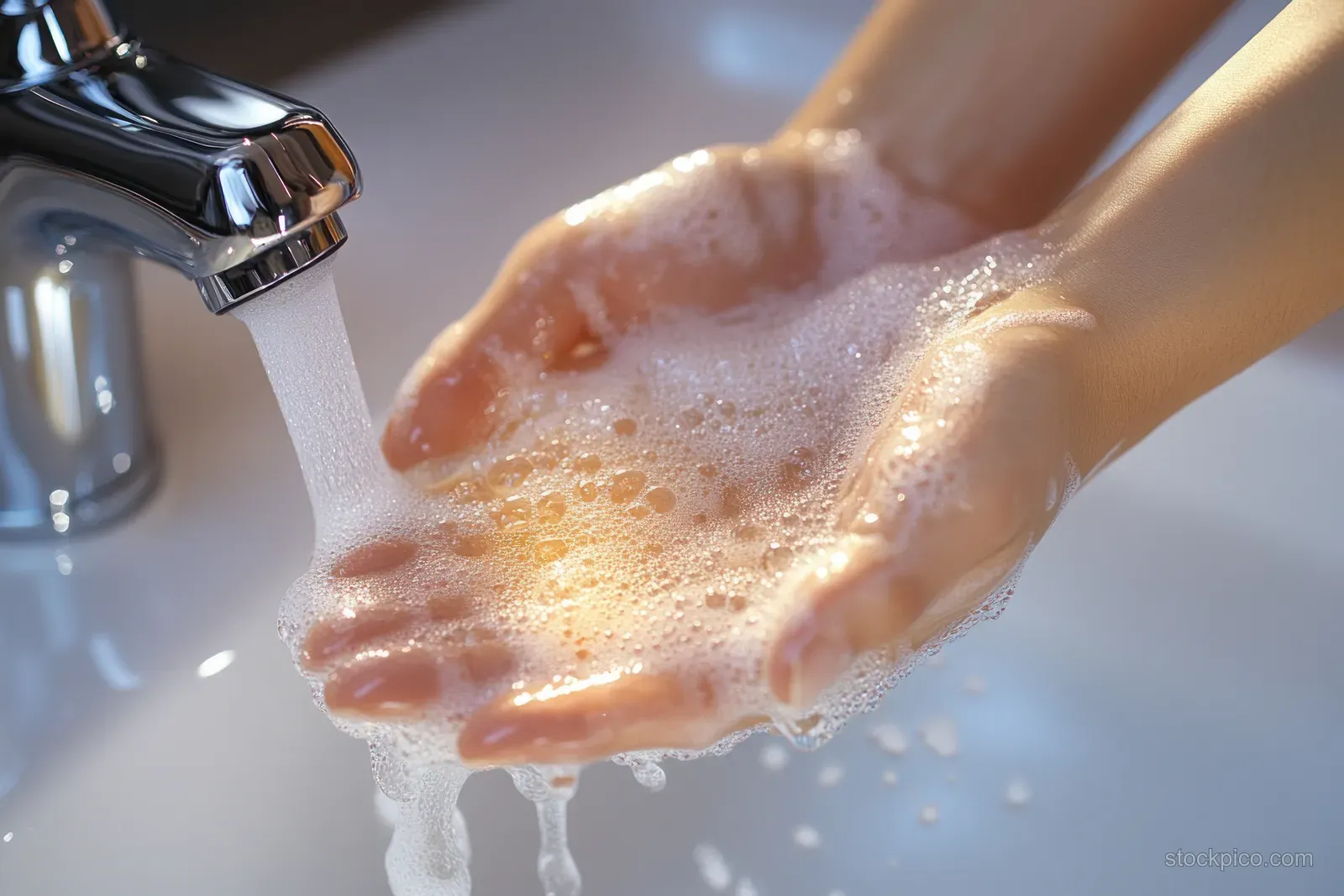 Hands lathered with foamy soap are rinsed under a running sink faucet.