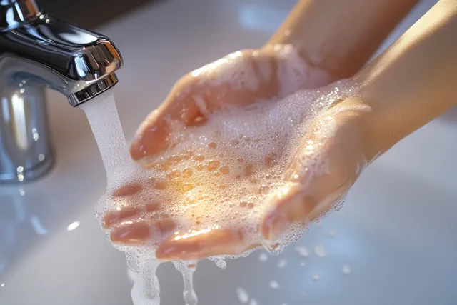 Hands lathered with foamy soap are rinsed under a running sink faucet.