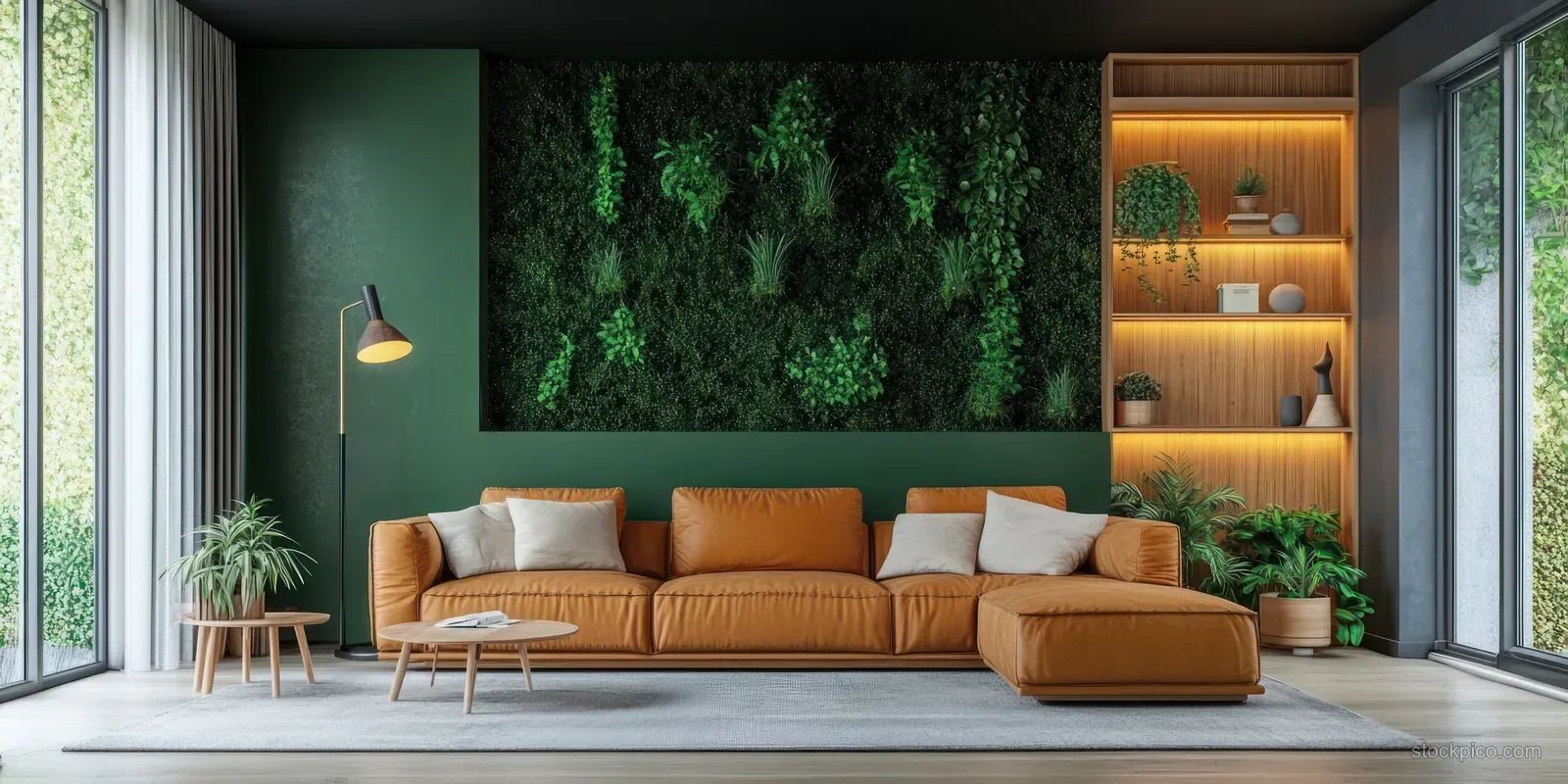 Brown sofa sits in a minimalist living room with a green wall, warm lamp glow, and potted plants.