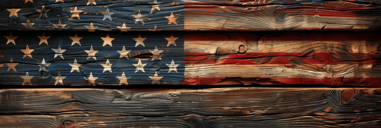 American flag stars and stripes painted on weathered wooden boards with visible grain and cracks.