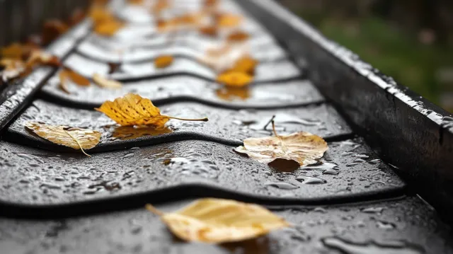 Yellow autumn leaves scattered on wet corrugated black metal with raindrops close-up detail