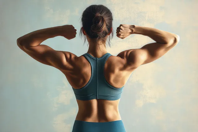 Athletic woman flexing back and arms in sports bra against soft cloudy gradient background