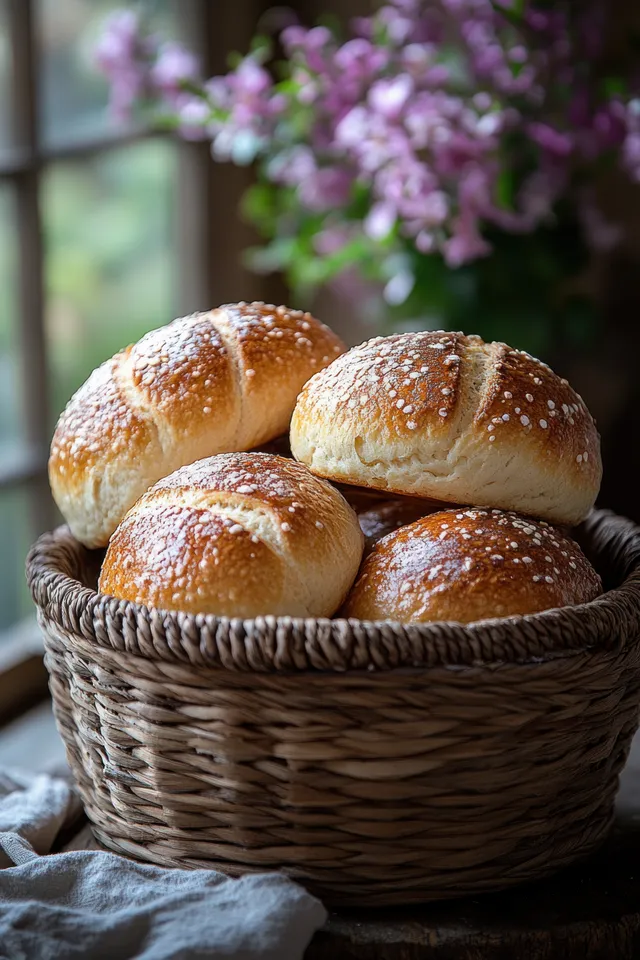 Whole-grain bread rolls in a wicker basket with dusted flour beside coffee cup