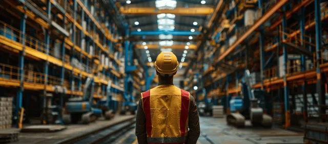 An engineer in a welding helmet views AI welding controls on a tablet near robotic arms in an automotive factory aisle.