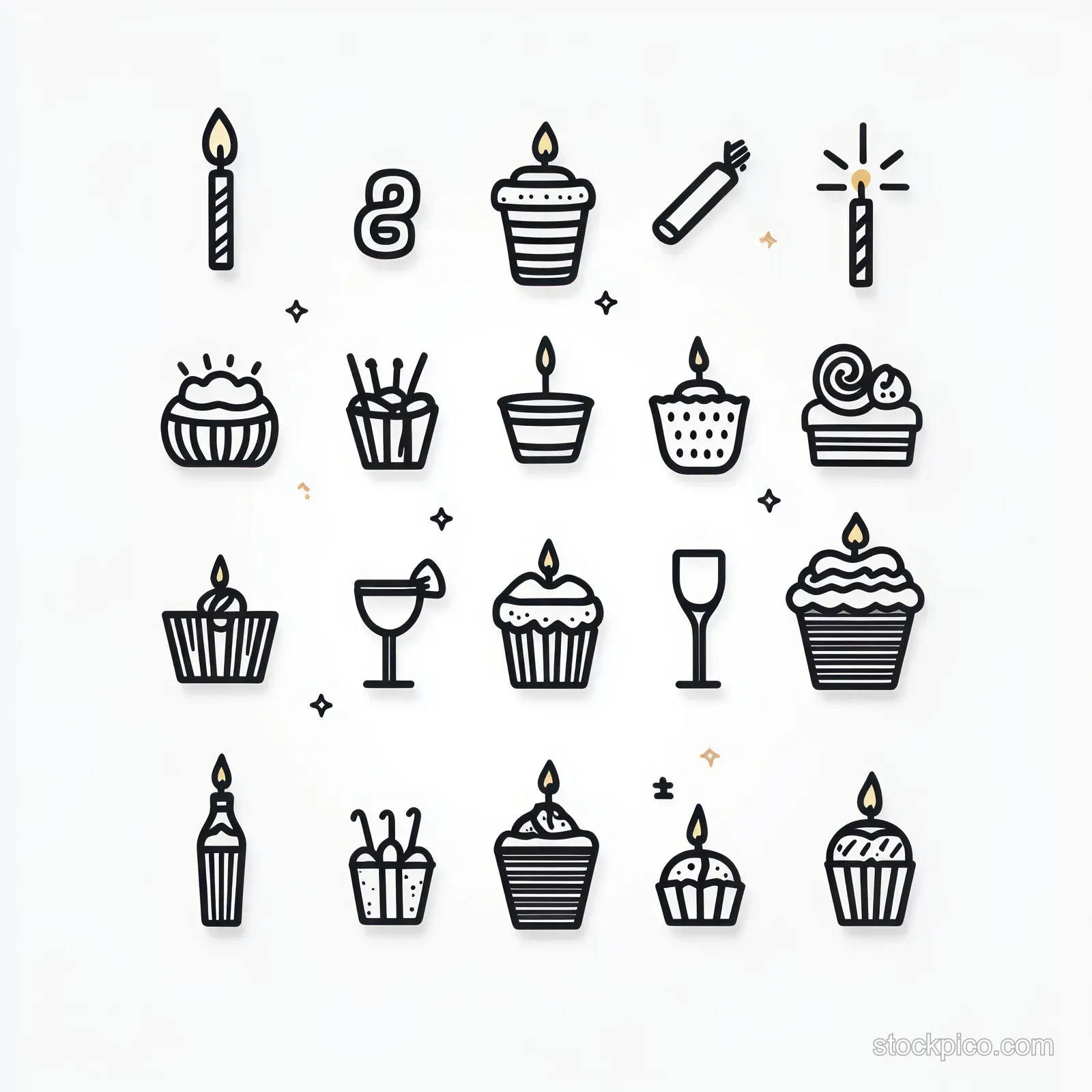 Minimal black line icons display candles, cupcakes, drinking glasses, and sparklers with small flames and spark decorations on white.