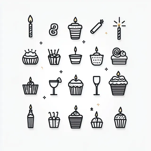 Minimal black line icons display candles, cupcakes, drinking glasses, and sparklers with small flames and spark decorations on white.