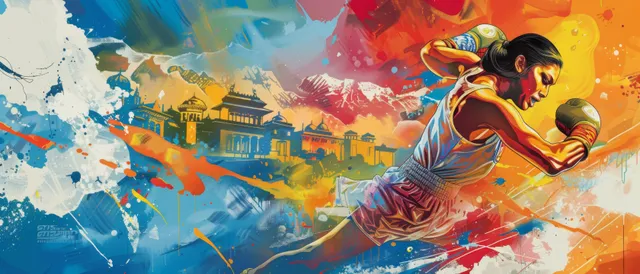 A women’s boxer mural shows a mid-punch fighter surrounded by vivid paint splashes and motion streaks.