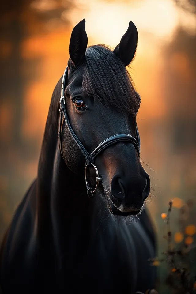Majestic horse close-up portrait with dark mane framed by warm autumn sunlight and bokeh