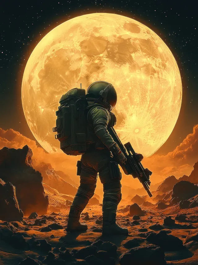 Astronaut standing on rocky alien ground under a glowing full moon and orange storm sky