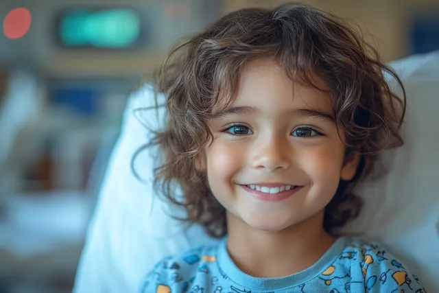 A bald child smiles while lying in a hospital bed with a blurred medical background behind.