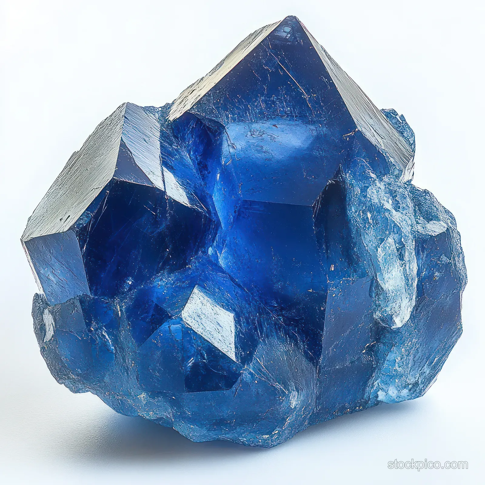 Vibrant blue raw crystal with sharp facets and translucent areas reflecting light on a white background.