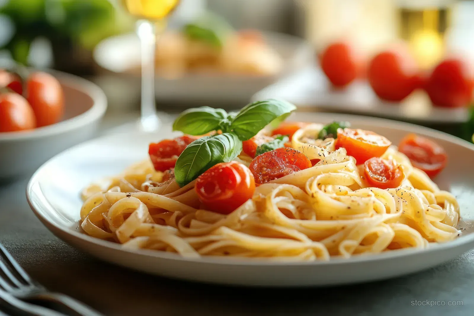 Linguine pasta with cherry tomatoes, basil leaves, and black pepper on a plate beside a fork with a blurred table background.