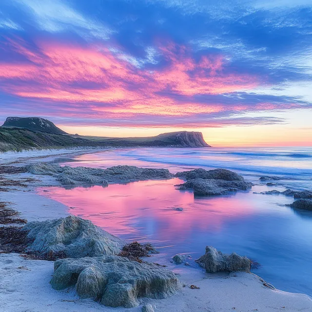 Pink and purple sunset clouds reflect on calm ocean water beside a rocky sandy beach and distant cliffs.