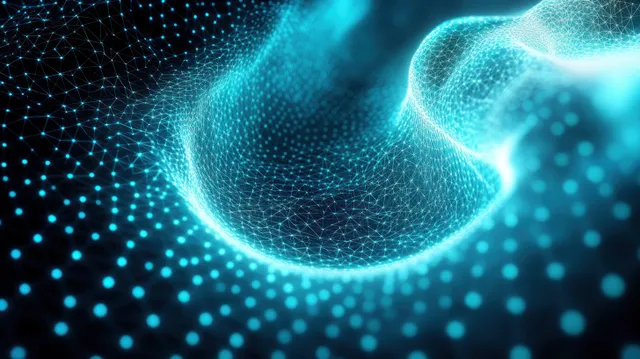 Teal glowing network mesh forms a swirling wave of connected nodes and lines on a dark background.