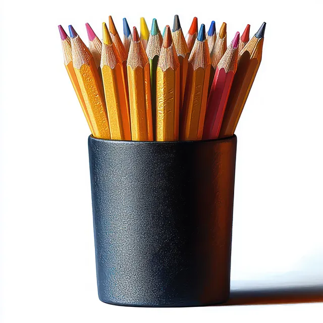 Sharpened colored pencils in a black cylindrical holder on a white background.