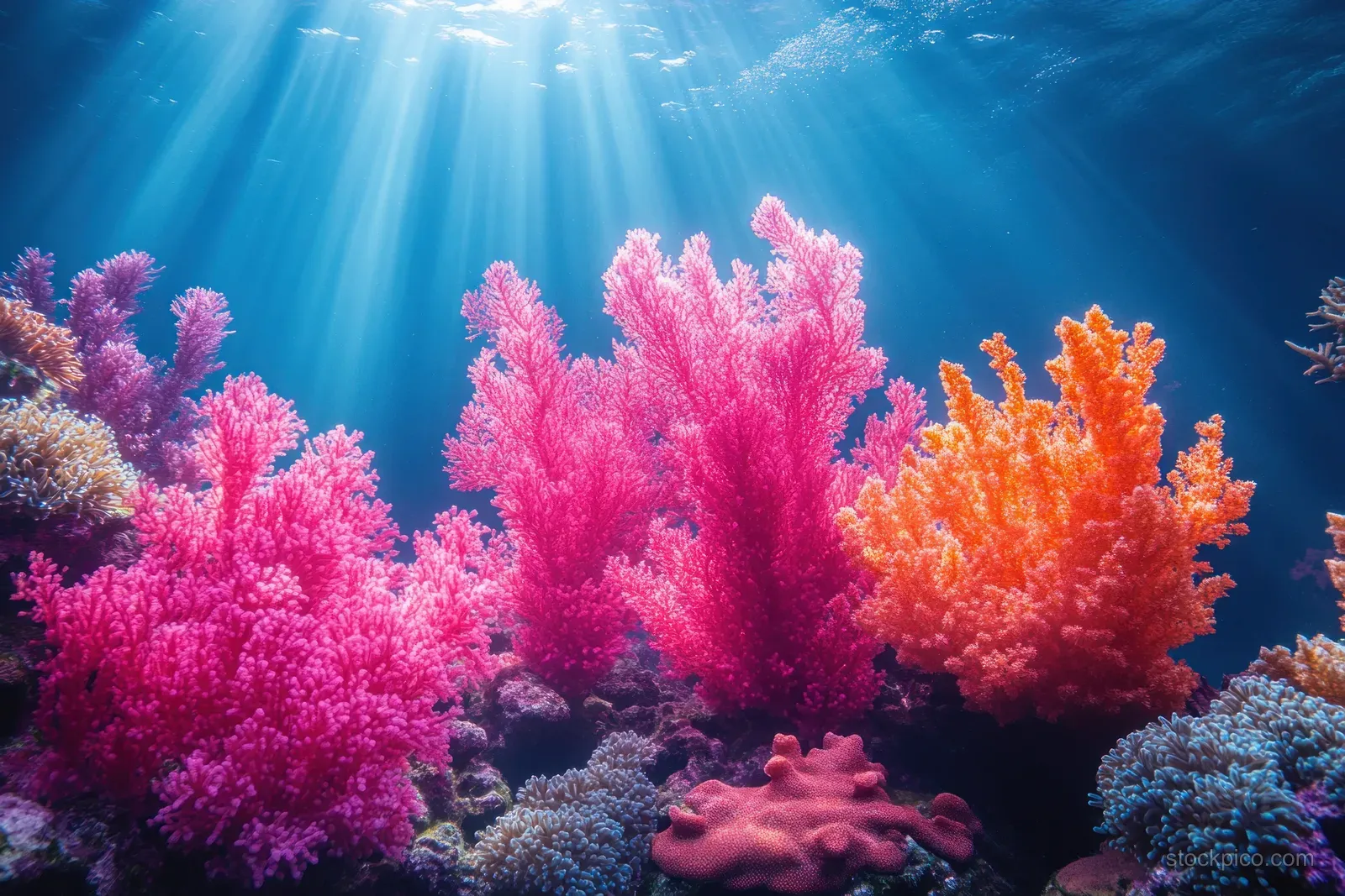 Sunbeams illuminate colorful soft corals on the seafloor with faint diver silhouettes in clear Andaman Sea water.