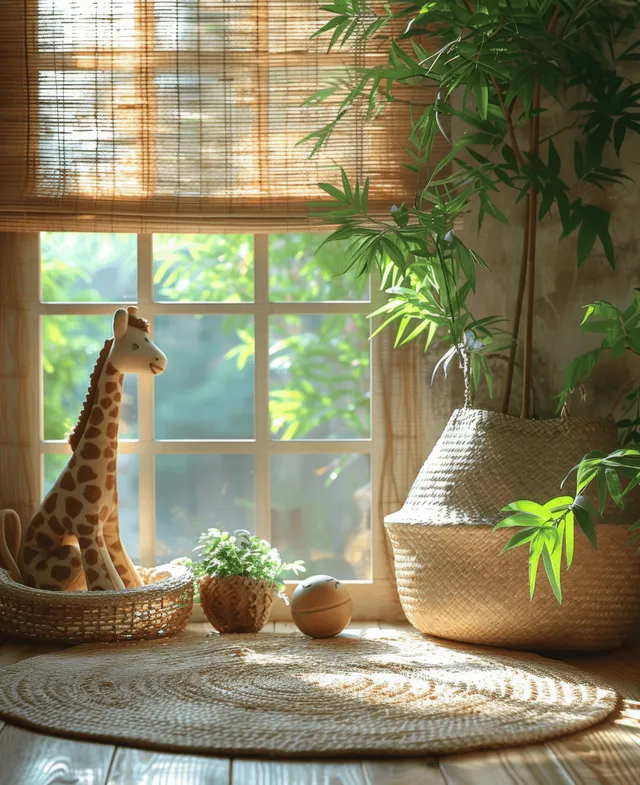 Sunlit nursery corner with wooden toy animals on a woven mat near large potted plants by a window.