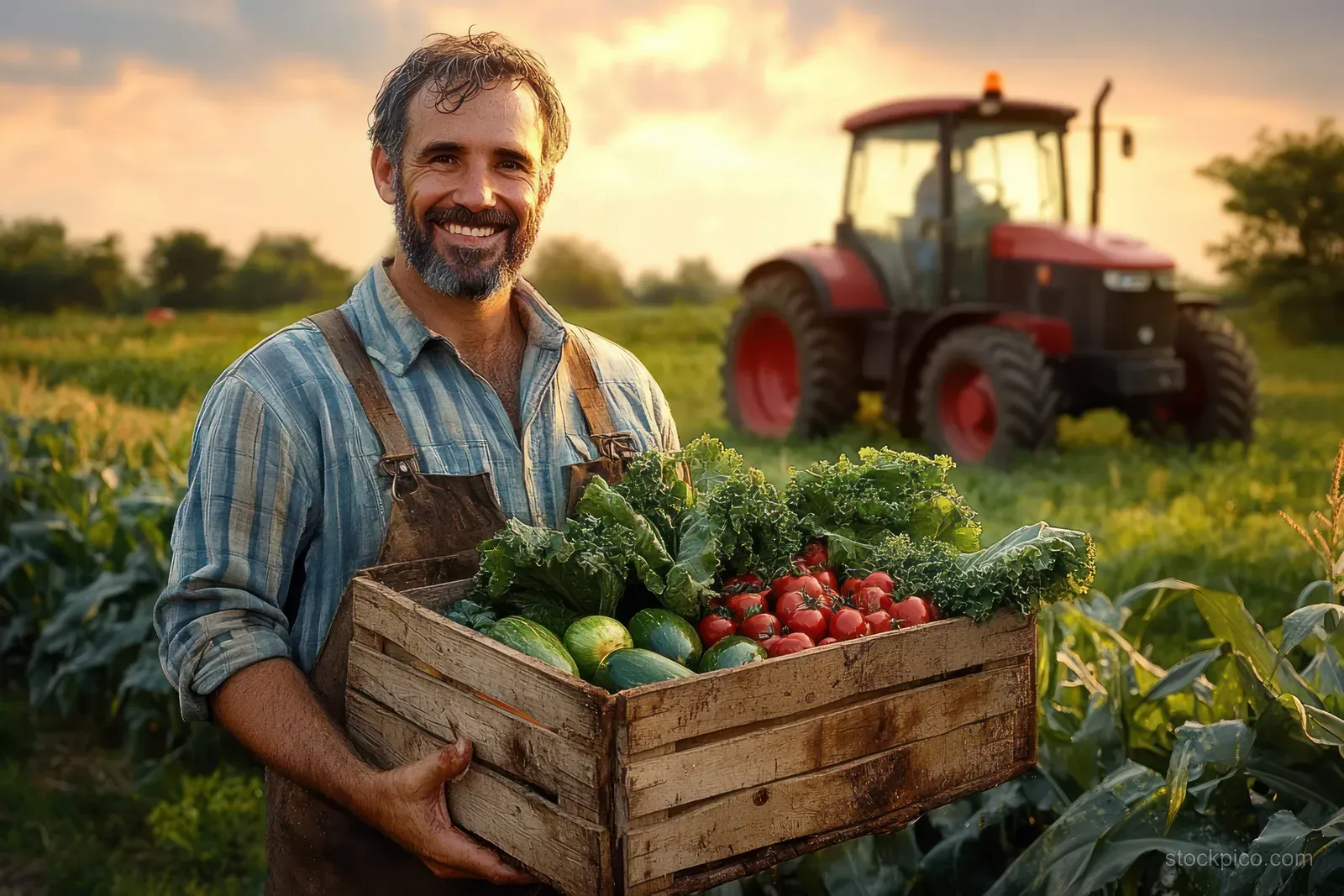 Smiling farmer carries a wooden crate of fresh greens and tomatoes while a tractor sits in a golden countryside field.