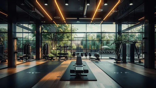 Modern gym interior with weight machines and dumbbells, wooden floor, and bright natural light through large windows.