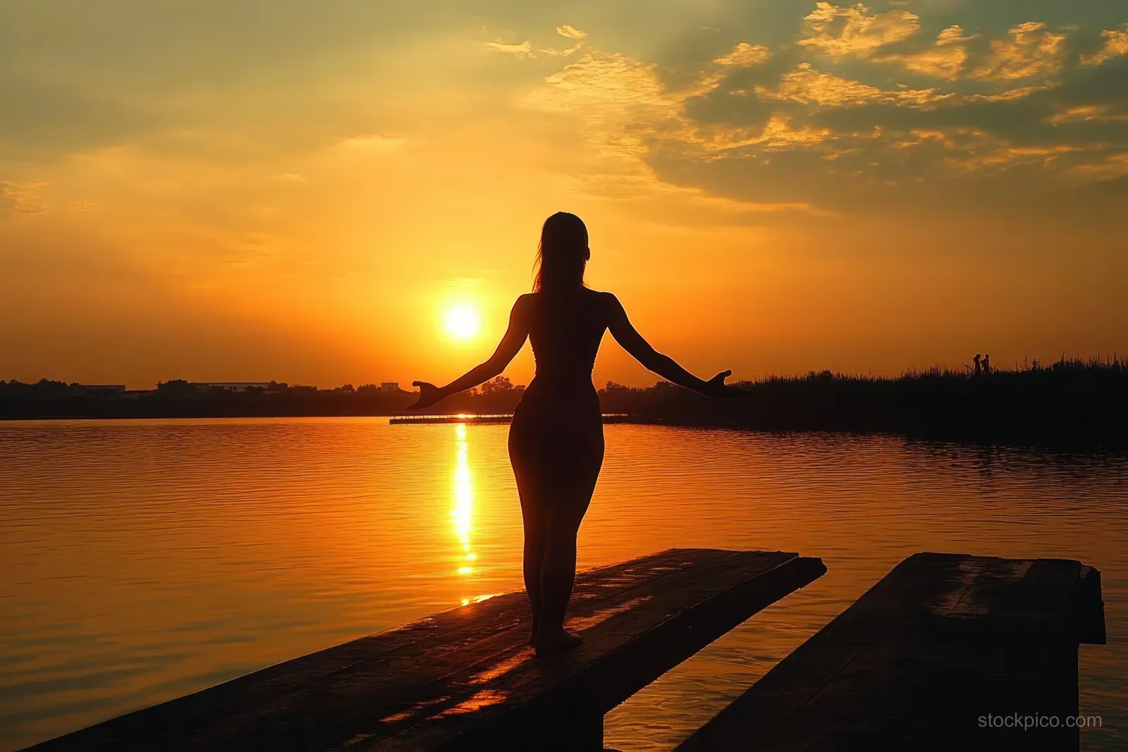A person in silhouette stands on a wooden dock with arms outstretched as an orange sunset reflects across a calm lake.