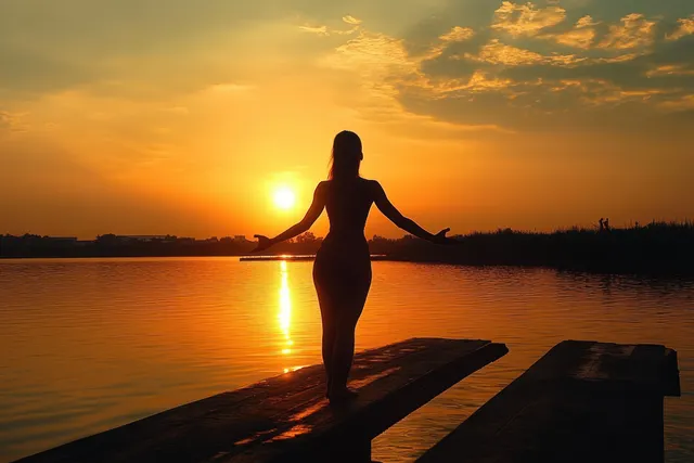 A person in silhouette stands on a wooden dock with arms outstretched as an orange sunset reflects across a calm lake.