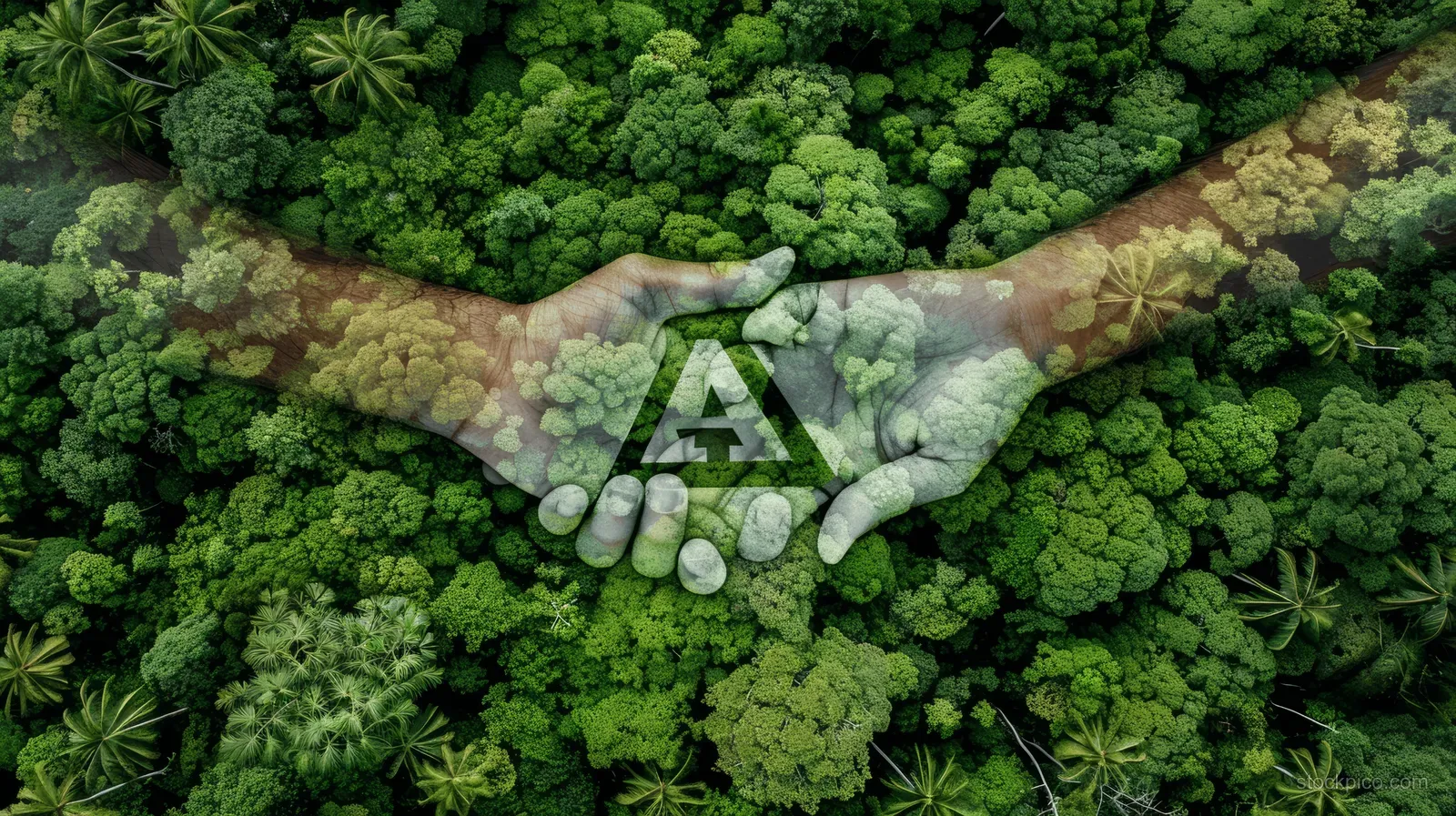 A translucent handshake overlays a dense forest canopy with subtle green sustainability symbols.