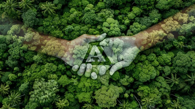 Handshake overlay over lush forest canopy with glowing sustainability symbols for environmental partnership
