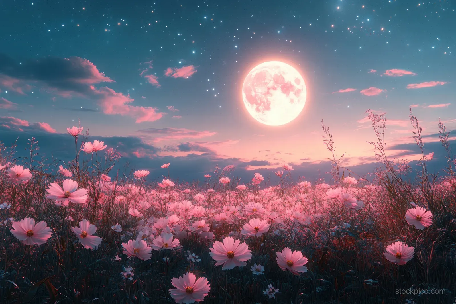 Pink and white cosmos flowers sway in a night garden under a glowing full moon and starry sky.