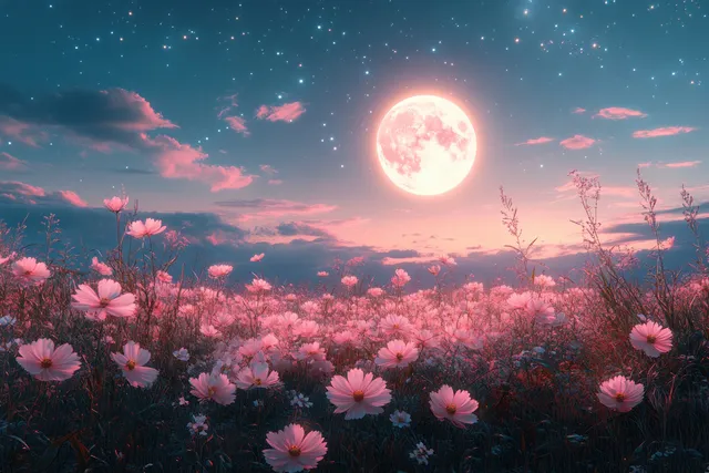 Pink and white cosmos bloom beneath a glowing full moon and star-filled twilight sky