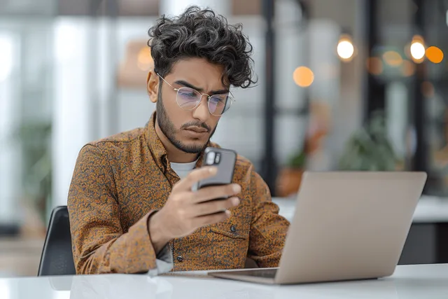Shocked young man holds a smartphone while working on a laptop at an office desk.