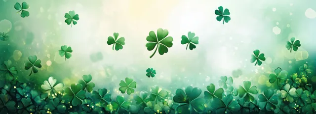 Green shamrocks and clovers float over a softly blurred bokeh background for a St. Patrick’s Day banner.