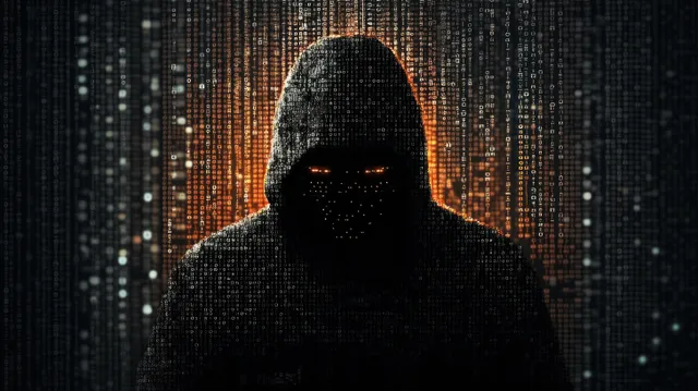 A hooded hacker silhouette with glowing eyes stands amid cascading digital code on a dark screen.