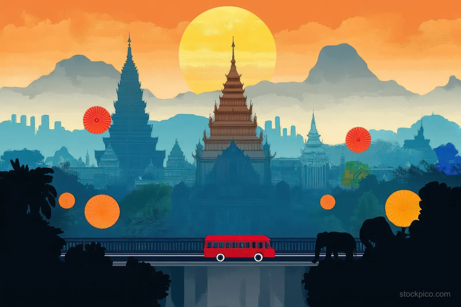 A sunset scene with a pagoda, red bus, elephants, and colorful parasols over a river, surrounded by lush vegetation and mountains.