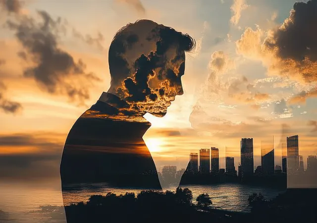 Man’s side profile double exposure blending into sunset city skyline reflected in still water