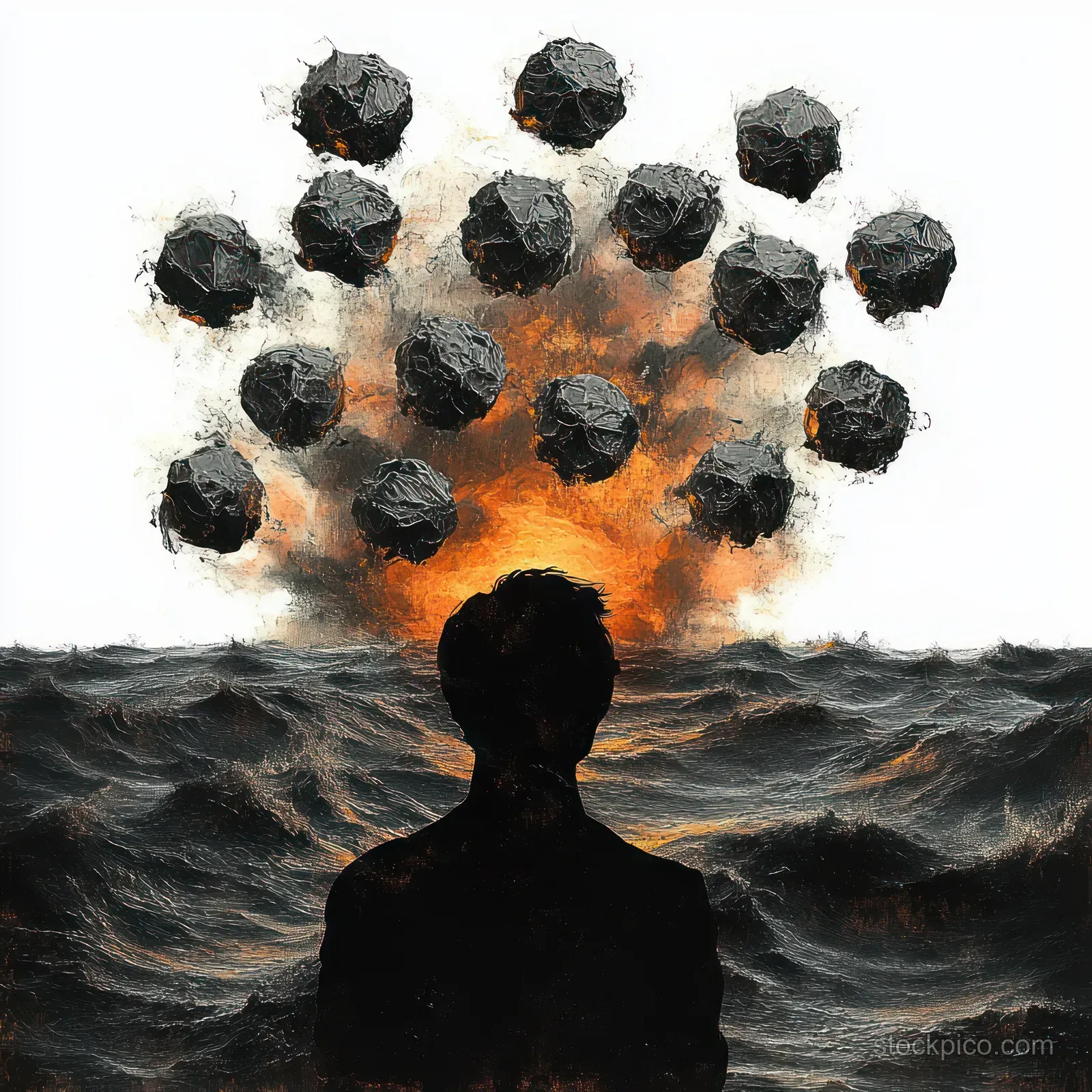 A silhouetted person faces turbulent ocean waves with an orange fire explosion and floating black spheres behind.